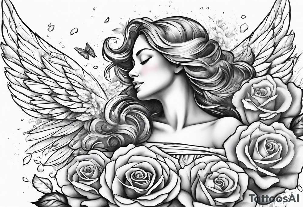 rose wit petals falling onto angel constantly sweeping the roses tattoo idea