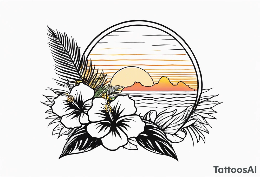 Small Tropical tattoo with hibiscus and sunrise that says explore in delicate script tattoo idea