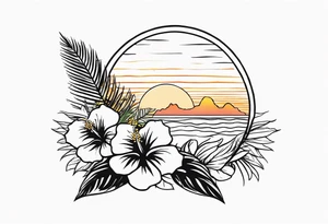 Small Tropical tattoo with hibiscus and sunrise that says explore in delicate script tattoo idea