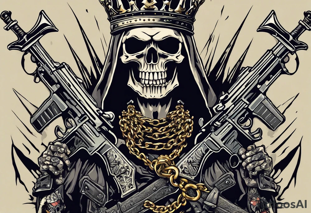 image of a skeleton standing frontally with a crown on his head, holding an AK-47 on his shoulder with his right hand. The chain on the left should be taut, there are three angry barking Dobermans in it, near the waist tattoo idea