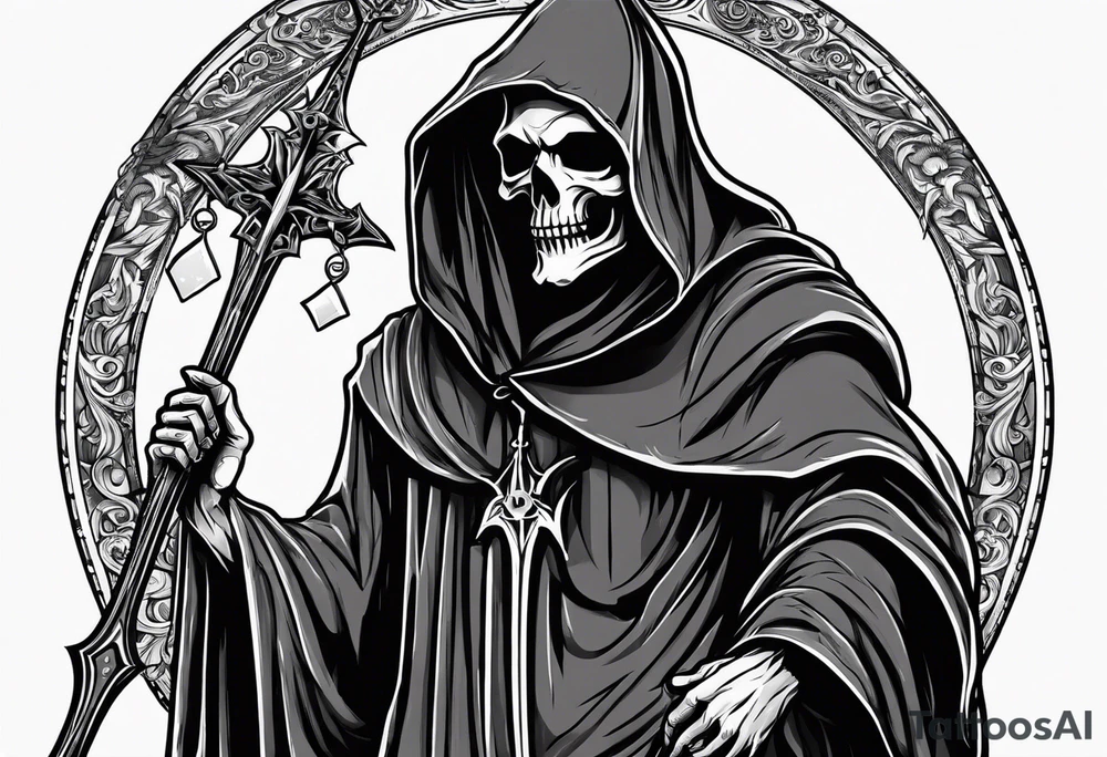 full body grim reaper with his hood off and a halo above his head tattoo idea