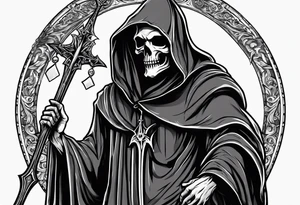full body grim reaper with his hood off and a halo above his head tattoo idea
