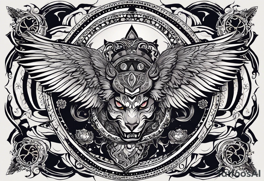 black kali, goddess pirate, alien, angel, pachamama, valkrye, warrior, flying, skull, lotus azul, wing, eagle, zenza resonance, stars, 5D, anahata chakra, death, durga, riding on a tiger, flying lady tattoo idea