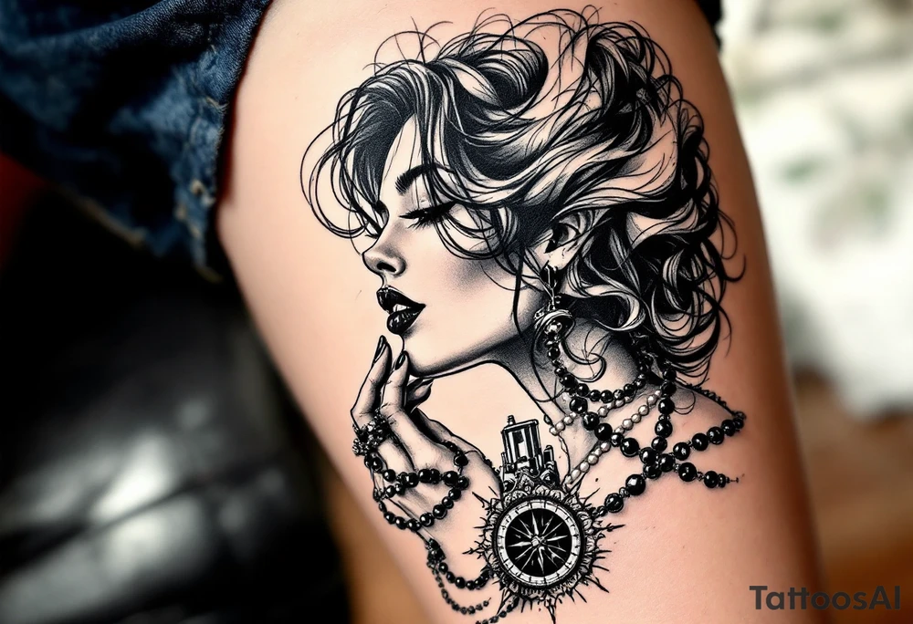 Profile of sexy woman with messy hair 
,resting chin on fist 
, mouth open  , lace, lipstick,  pearls 
compass and  hand gun  rosary wrapped around hand tattoo idea