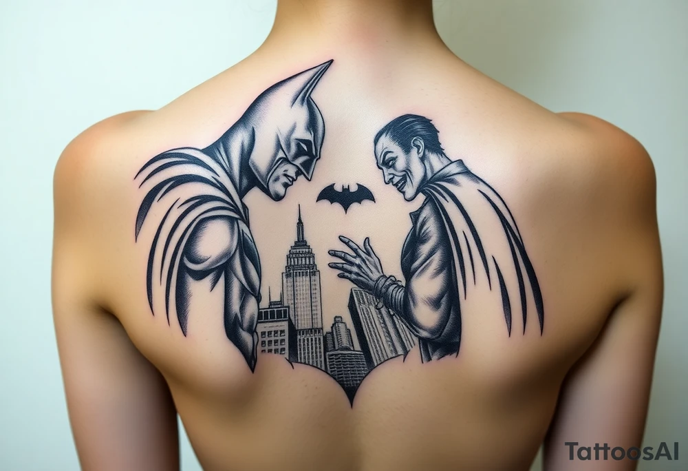 Batman facing off with the joker in Gotham city with buildings and with bat signal shinning tattoo idea