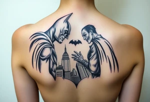 Batman facing off with the joker in Gotham city with buildings and with bat signal shinning tattoo idea