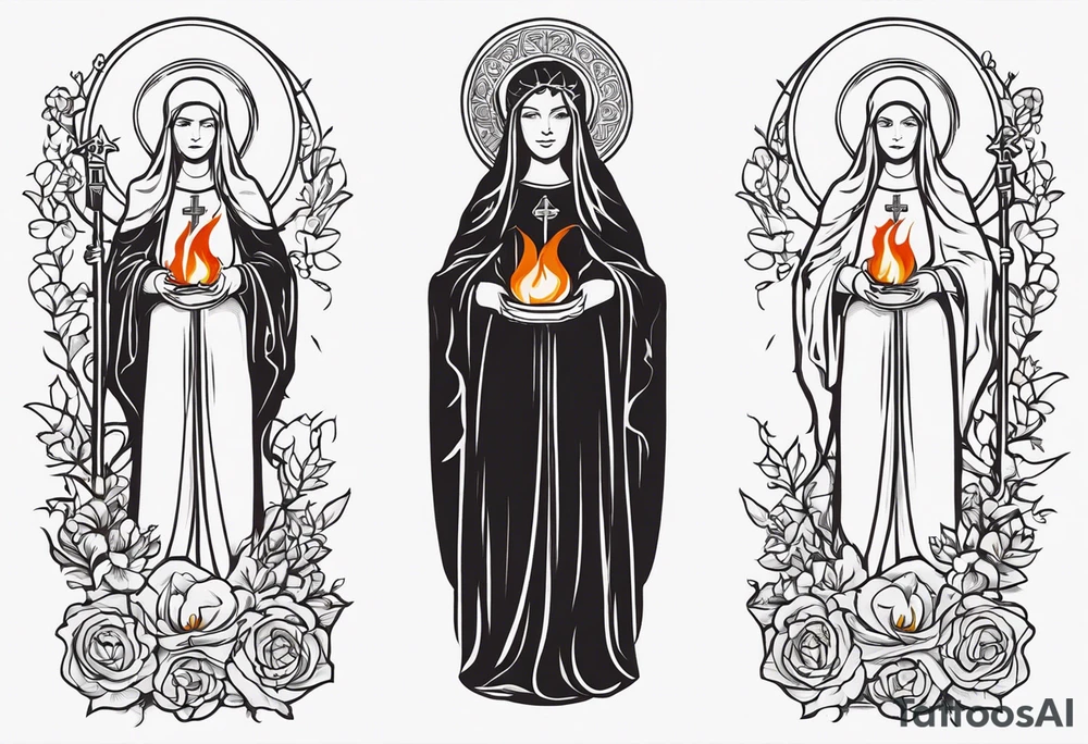 A full back piece themed on the surname mcbride and the irish saint brigid. It should take inspiration from artwork of saint brigid holding fire in her hands. It should have the text Vincit Pericula Virtus on it tattoo idea