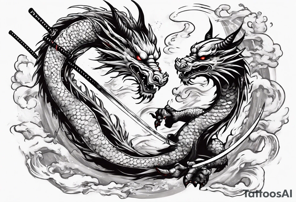 japanese dragon plays with katana tattoo idea