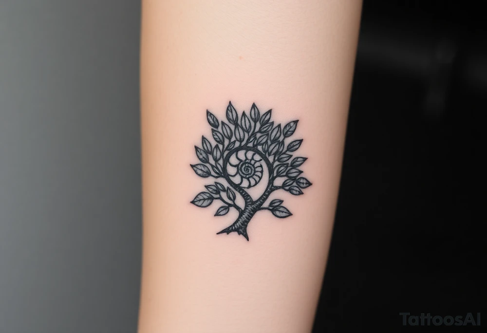 Fibonacci spiral shell inside of tree full of lots of leaves tattoo idea