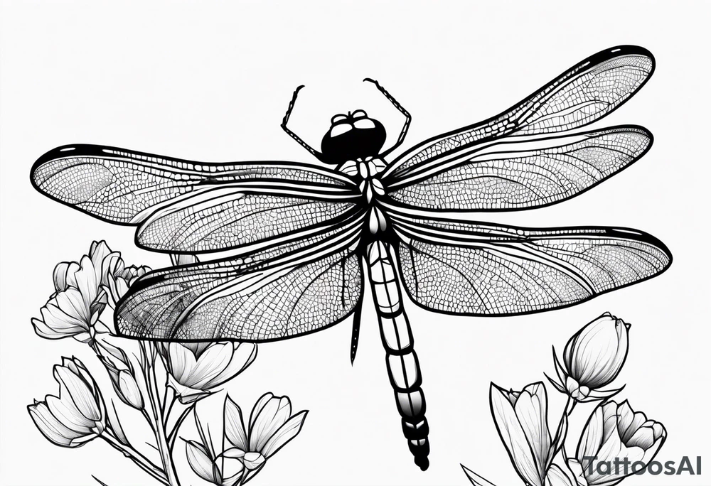 Dragonfly in flight wildflowers simplistic minimalist tattoo idea