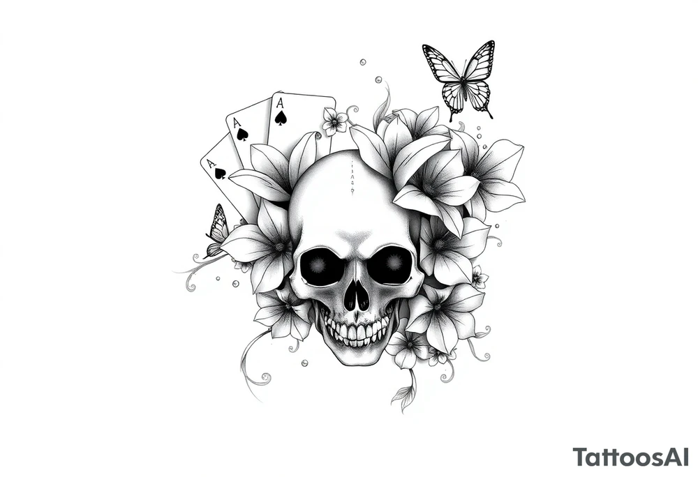 Casino only theme , poker chips deck of cards dice a skull with lily flowers
 with raindrop swirls and butterfly’s tattoo idea