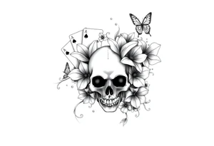 Casino only theme , poker chips deck of cards dice a skull with lily flowers
 with raindrop swirls and butterfly’s tattoo idea