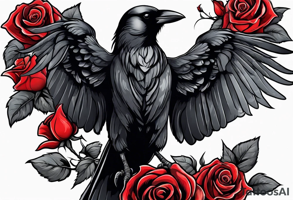 Crow standing holding a red rose tattoo idea