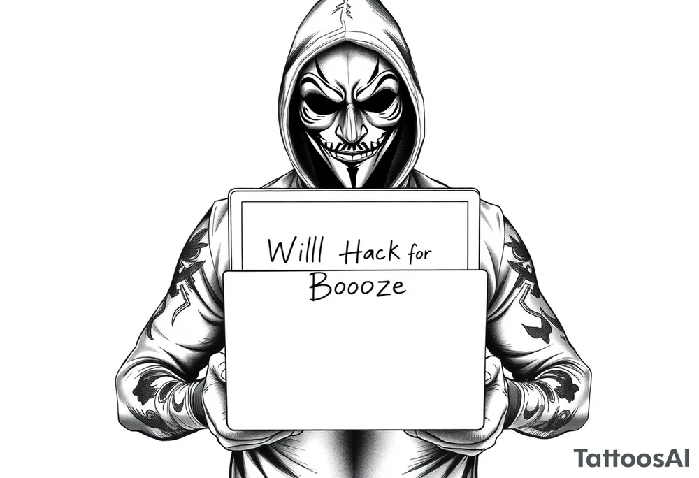 CREATE a desktop background for me of a 8k high definition homeless man wearing a V fo Vendetta mask while holding his laptop out for everyone to see the screen and the screen reads "Will Hack for Booze" tattoo idea