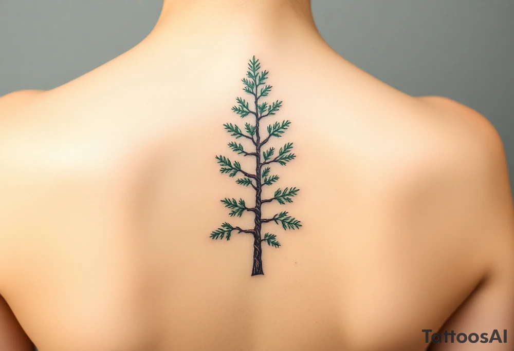 Evergreen tree down spine tattoo idea