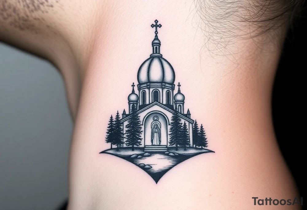 medium sized russian orthodox dome church with a visible virgin mary with a lake and pine trees tattoo idea
