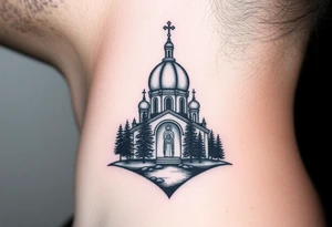 medium sized russian orthodox dome church with a visible virgin mary with a lake and pine trees tattoo idea