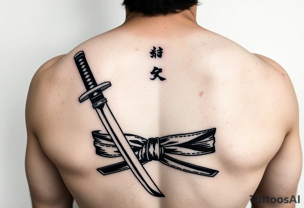 Katana with a black belt and fabled written in korean tattoo idea