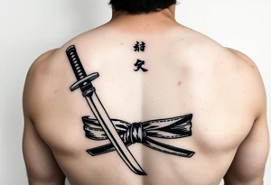 Katana with a black belt and fabled written in korean tattoo idea