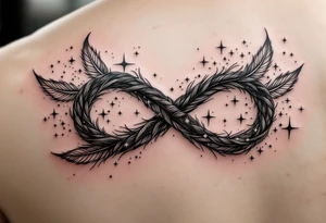 infinity symbol woven with floating feathers and stardust tattoo idea