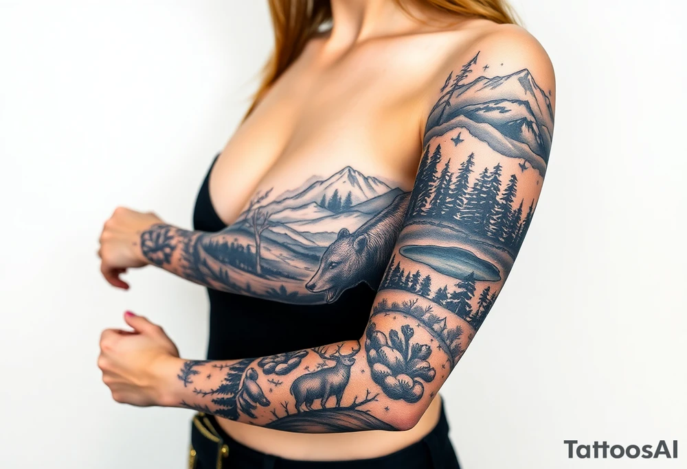 A full-sleeve with the Härjedalen landscape, reindeer, bear, lakes tattoo idea