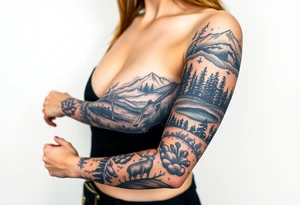 A full-sleeve with the Härjedalen landscape, reindeer, bear, lakes tattoo idea