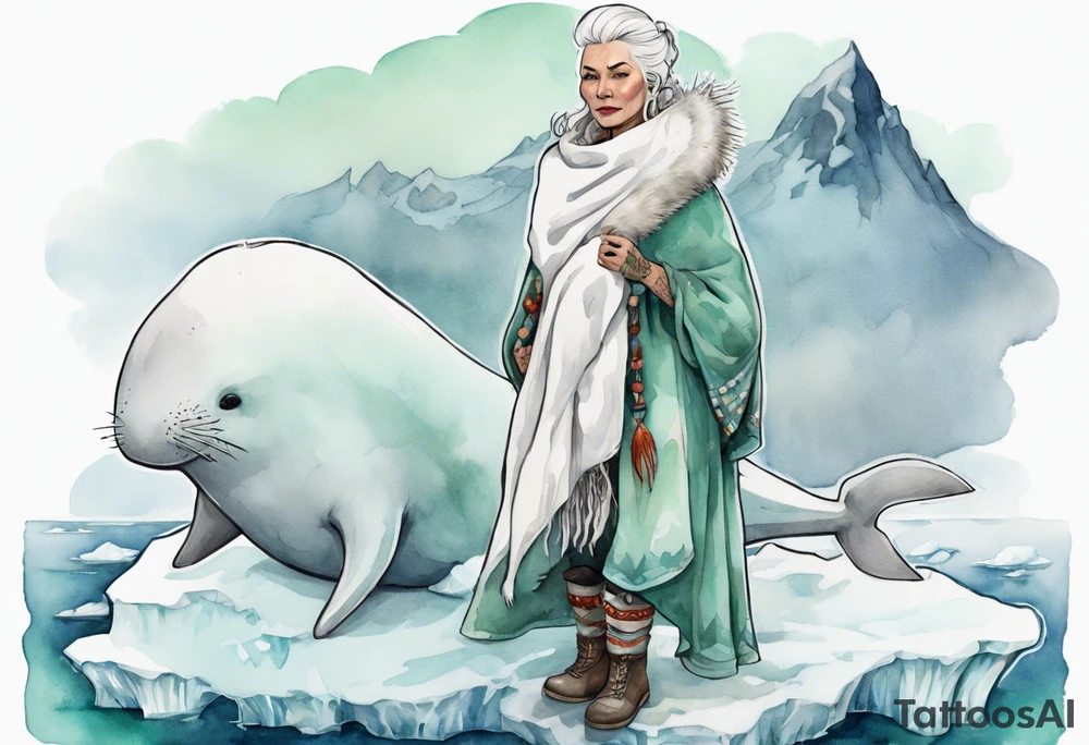 a 45-year-old Sami woman with white  hair wearing a white and mint cloak standing on an iceberg with one narwhal in the background tattoo idea