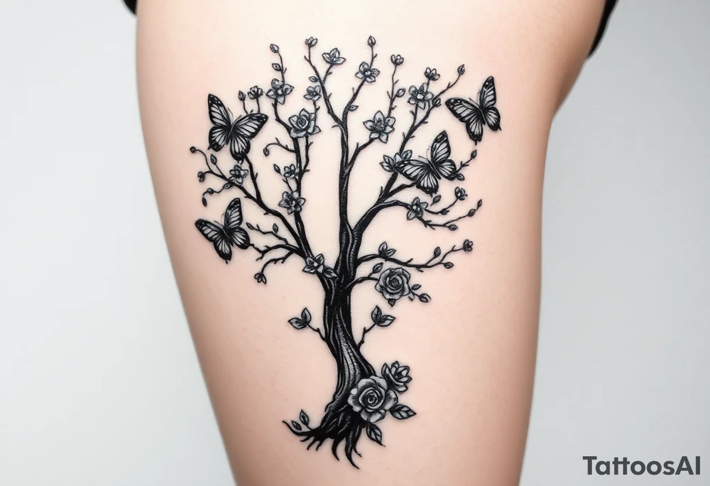 poisoned tree with butterflies and roses and a big semicolon in the middle black girl tattoo idea