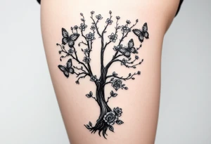 poisoned tree with butterflies and roses and a big semicolon in the middle black girl tattoo idea