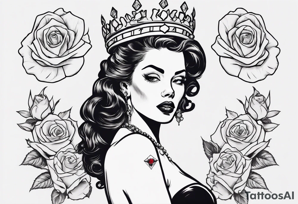 pin-up style queen looking to the side wearing a crown and surrounded by rose flowers, with a diamond in her hand tattoo idea
