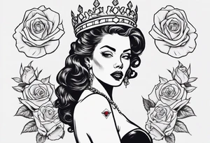 pin-up style queen looking to the side wearing a crown and surrounded by rose flowers, with a diamond in her hand tattoo idea