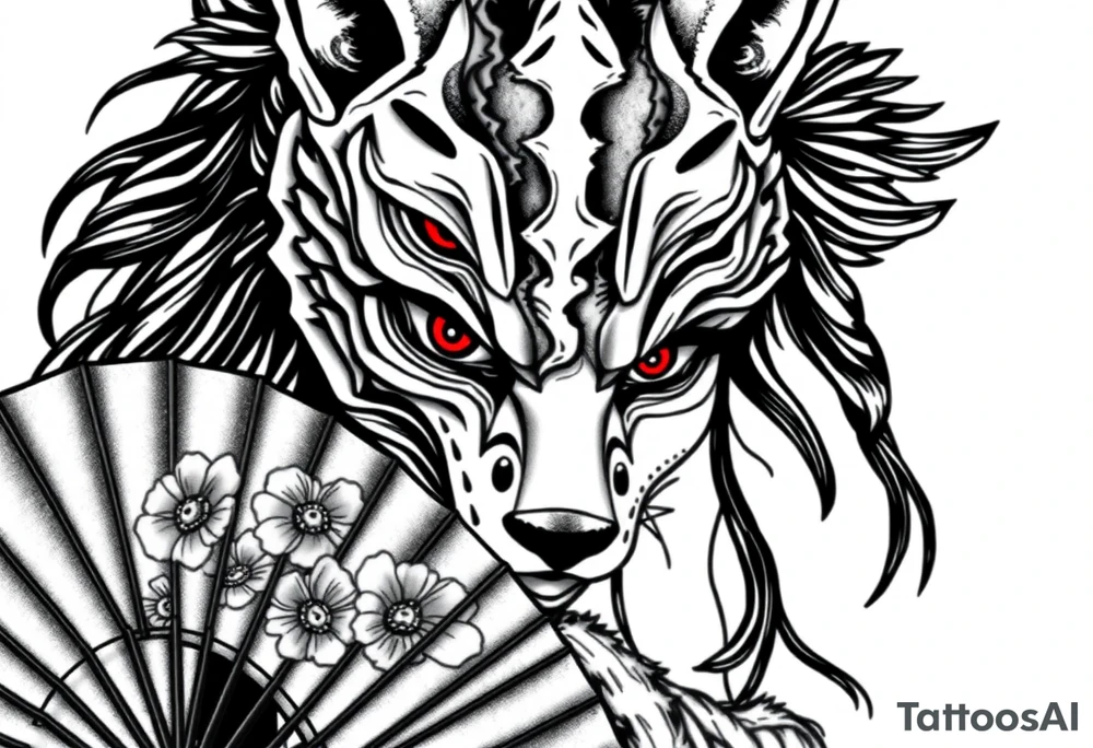 Woman samurai with red eyes wearing an half and broken fox mask, wearing a japanese fan with irises. tattoo idea