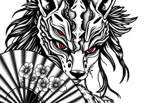 Woman samurai with red eyes wearing an half and broken fox mask, wearing a japanese fan with irises. tattoo idea