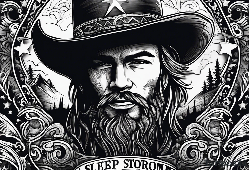 Ruggred cross with a cowboy hat that says sleep through the storm tattoo idea
