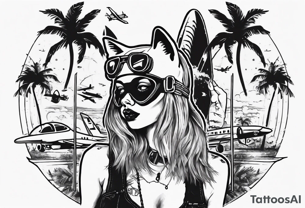 girl in a cat mask with palm trees and airplanes in the background tattoo idea