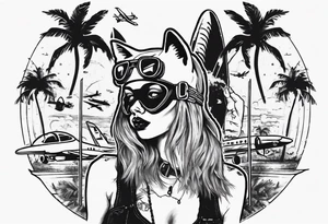 girl in a cat mask with palm trees and airplanes in the background tattoo idea