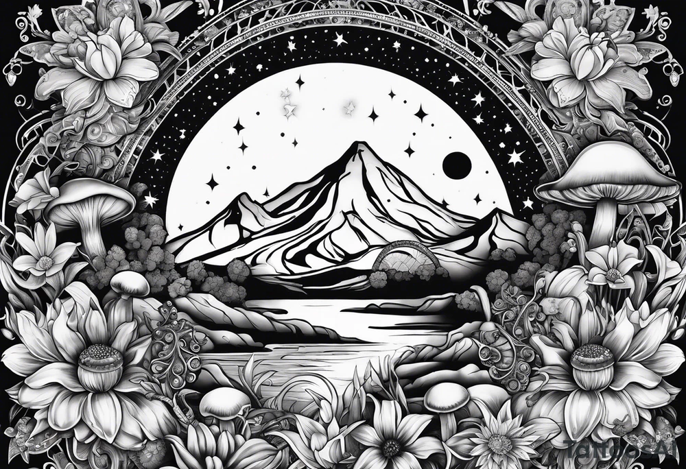 moon with crystals, mushrooms, and lily’s and daisy’s tattoo idea
