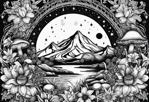 moon with crystals, mushrooms, and lily’s and daisy’s tattoo idea