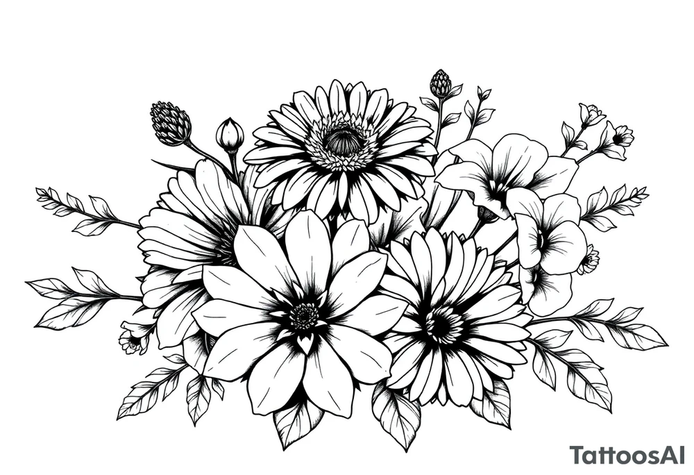 Honeysuckle, marigold, chrysanthemum, and violet bouquet tattoo idea