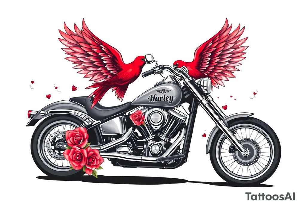 Harley grey motorcycle driving away, two red birds flying, roses, flames, angel wings tattoo idea