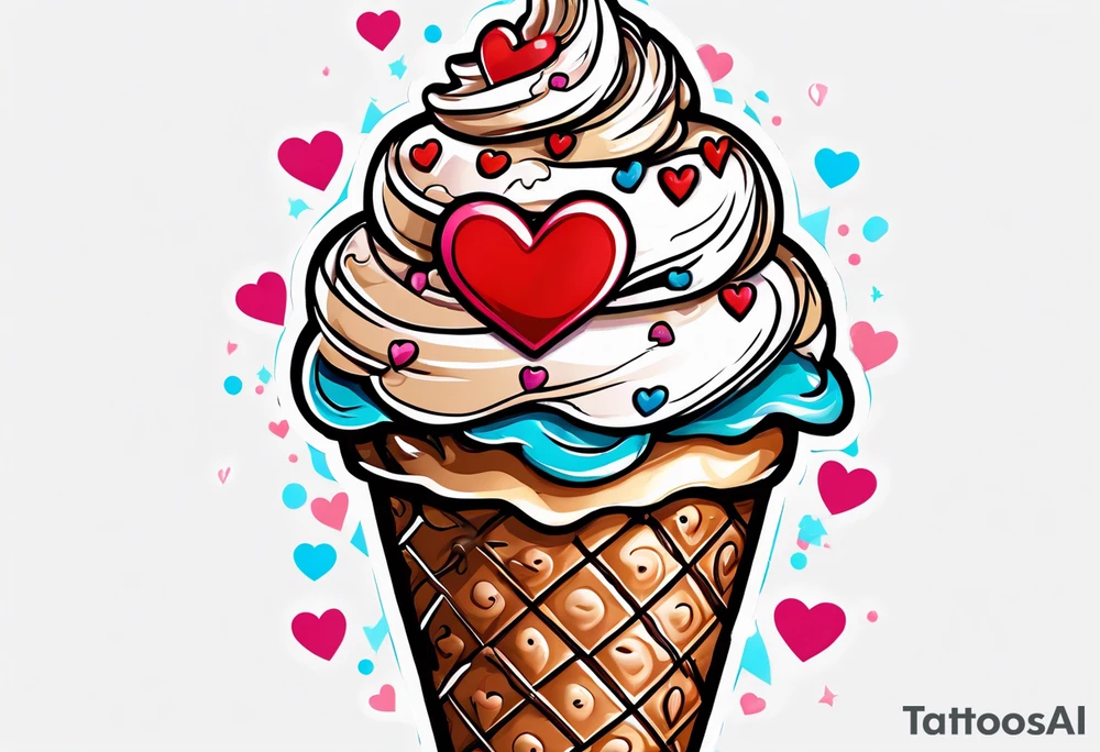sketch chocolate chip ice cream cone with one red heart tattoo idea