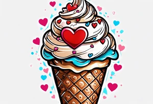 sketch chocolate chip ice cream cone with one red heart tattoo idea