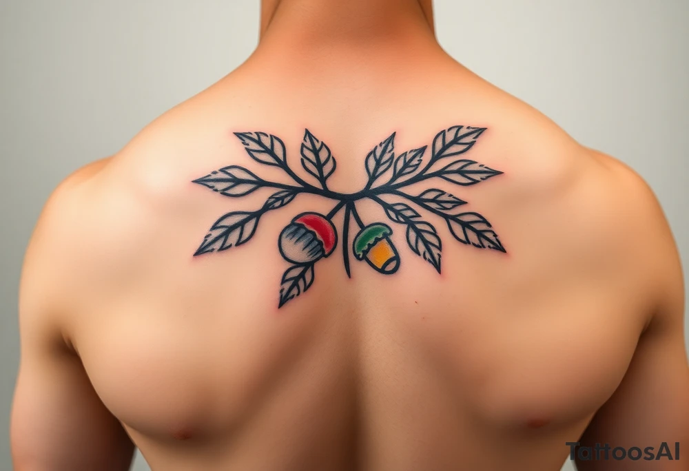 on the chest an oak branch with thick leaves and acorns oak branch with thick leaves and acorns tattoo idea