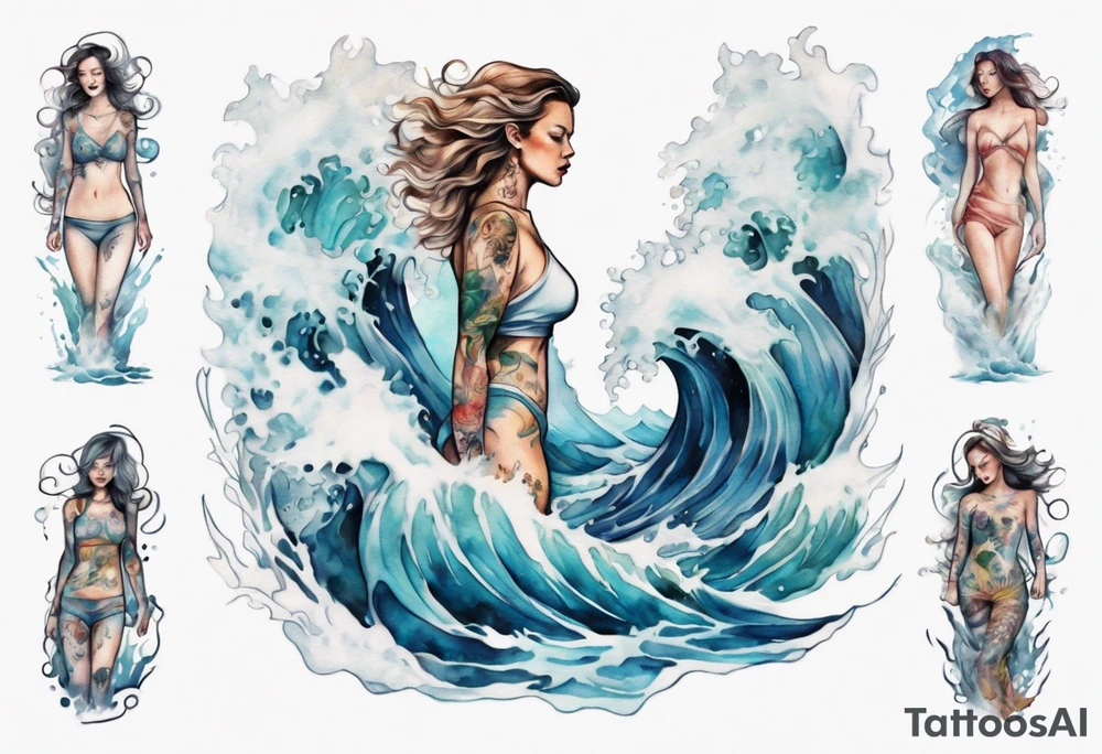 a transparent woman standing in crashing waves tattoo idea