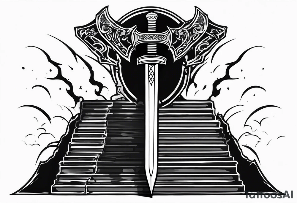 Valhalla 
 sword stairs axe mist tattoo idea
