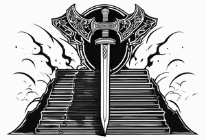 Valhalla 
 sword stairs axe mist tattoo idea