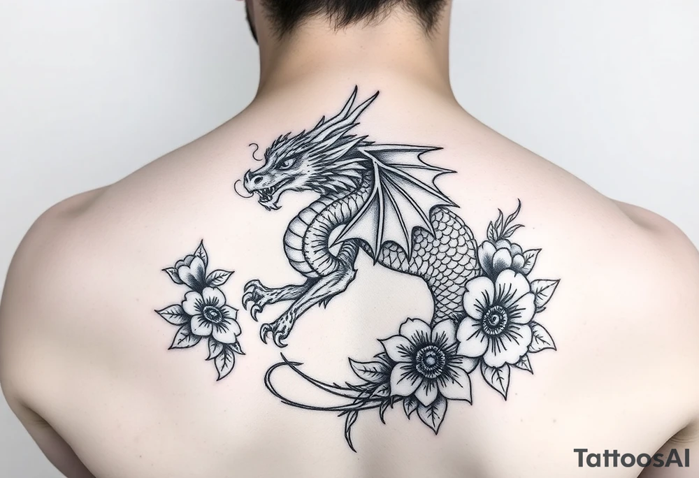 feminine dragon with floral design around it tattoo idea