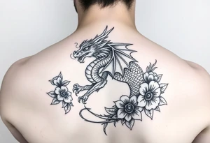 feminine dragon with floral design around it tattoo idea