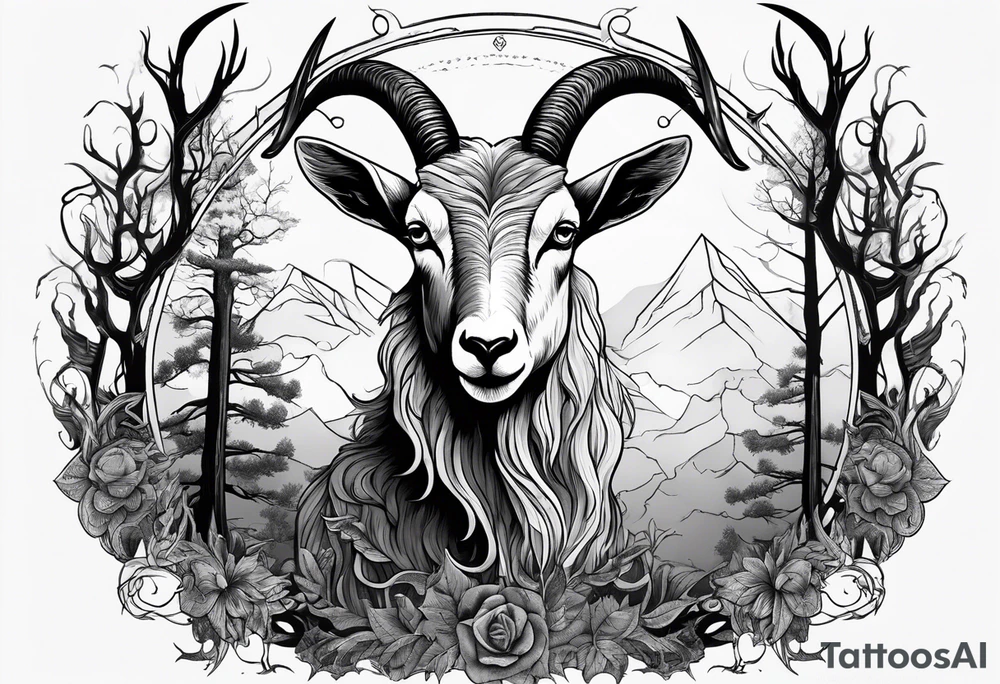 Evil Satanic goat with horns  (full body) in a forest tattoo idea