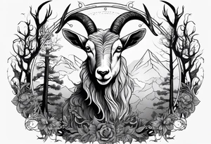 Evil Satanic goat with horns  (full body) in a forest tattoo idea